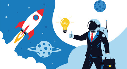 Fototapeta premium Inspired astronaut in a business suit holding a glowing lightbulb as a powerful rocket launches into a starry space.
