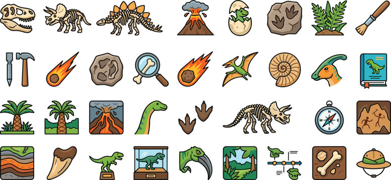 Dinosaur fossil and archaeology vector icon collection featuring prehistoric skeletons bones museum tools volcano meteorites and science exploration symbols