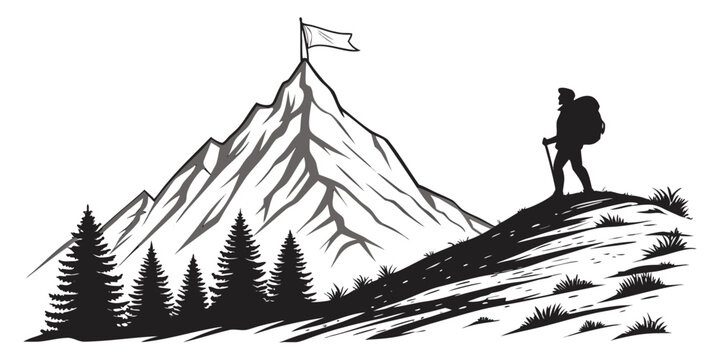 Hiker with backpack looking at mountain peak with flag mountain backpack mountaineer adventure climbing landscape outdoors trekking explorer challenge mountains motivation determination