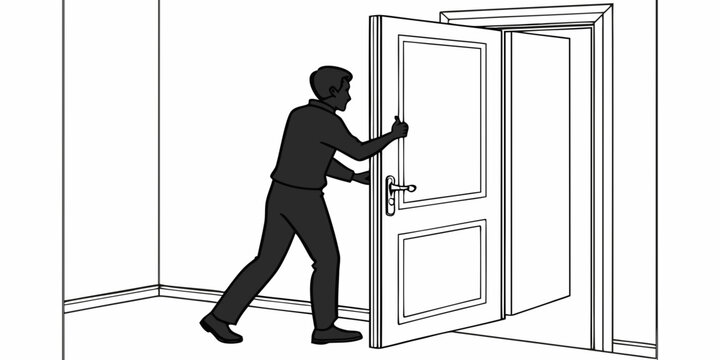 Silhouette of a man opening a large double door to enter a bright empty room concept of new opportunities beginning a new life chapter making progress in a minimalist indoor setting with silhouette