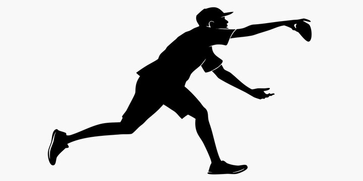 Dynamic black silhouette of an ultimate frisbee player running and reaching forward to catch a flying disc with silhouette ultimate catching competition exercise recreation reaching grabbing