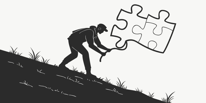 Silhouette of a person pulling connected puzzle pieces up a steep slope representing hard work and strategic connection with silhouette dragging connected strategy connection solution business