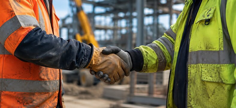 Two construction workers shaking hands on a building site