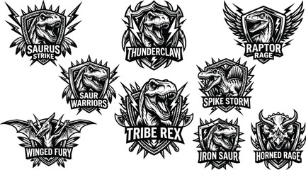Dinosaur mascot logo vector set featuring aggressive t-rex raptor and triceratops sports badges for team apparel gaming emblem design © MSTSUFIA