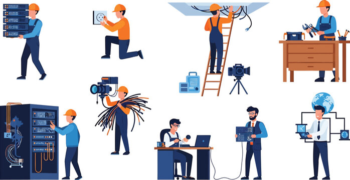 Set of IT technicians and network engineers working with server hardware, cabling, and digital infrastructure maintenance vector illustration