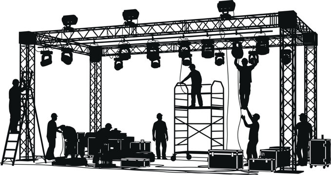 Stage crew setting up lighting truss and equipment for a concert event silhouette vector illustration
