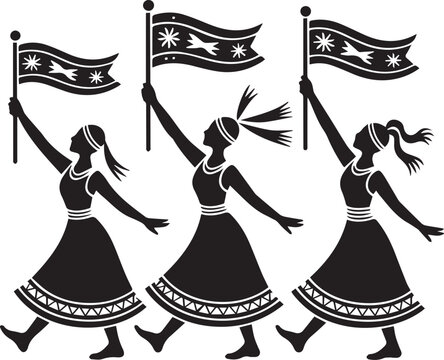 Three women in traditional dress holding flags marching in parade cultural celebration female figures in procession with banners.