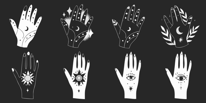 hand illustrations with celestial symbols white on black