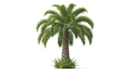 Obraz premium A palm tree with green leaves and a brown trunk standing alone isolated on white background