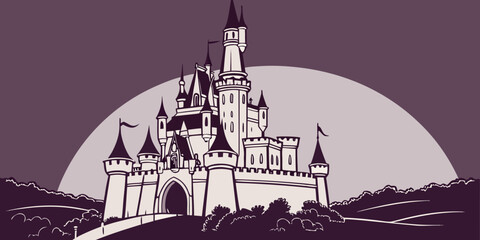 Fairy tale fantasy castle illustration against a large moon with architecture medieval silhouette illustration building historical structure nighttime enchanted storybook fortress landscape © rabby