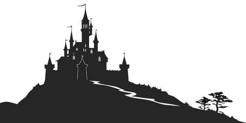 Silhouette illustration of a medieval castle on a hill with pine trees silhouette medieval fortress architecture landscape building isolated structure wilderness minimalist monochrome © rabby