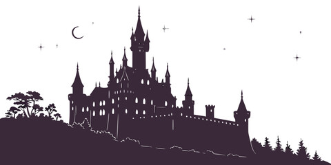 Night silhouette of a castle on a hilltop with a crescent moon and stars silhouette crescent medieval fortress architecture landscape fairytale mysterious illustration atmosphere romantic © rabby