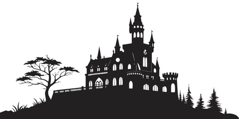 Detailed gothic castle silhouette on a hill with forest backdrop silhouette architecture medieval fortress building landscape structure historical illustration landmark monument background © rabby