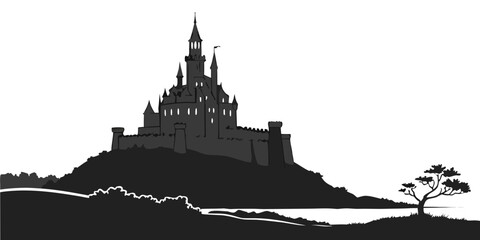 Medieval fantasy castle silhouette on a hilltop near a water shore with silhouette medieval fortress architecture landscape building isolated monochrome minimalist structure environment © rabby