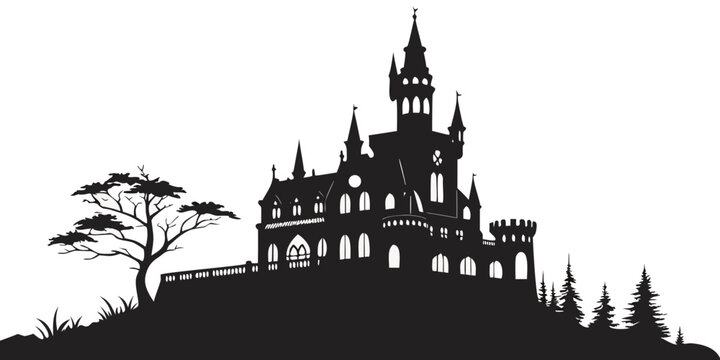 Detailed gothic castle silhouette on a hill with forest backdrop silhouette architecture medieval fortress building landscape structure historical illustration landmark monument background