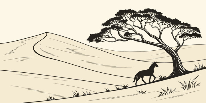 Graphic illustration of a horse standing under a spreading tree in a desert landscape with landscape wildlife illustration silhouette peaceful minimalist environment stallion equestrian