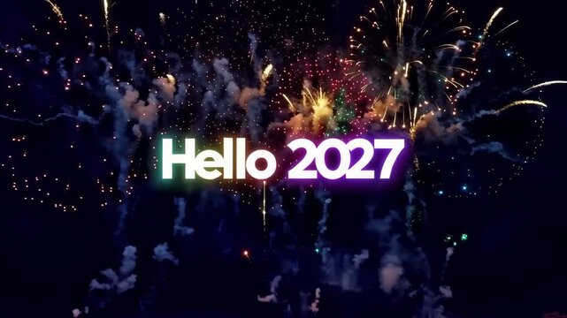 Hello 2027 text with colorful fireworks display in night sky