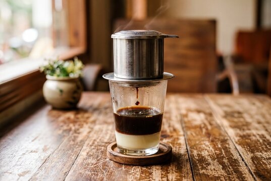 Authentic Vietnamese Coffee Phin Brewing into Sweet Condensed Milk Glass for a Rich Cafe Experience