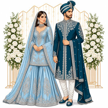 Pakistani walima couple in powder blue gharara and dark teal sherwani
