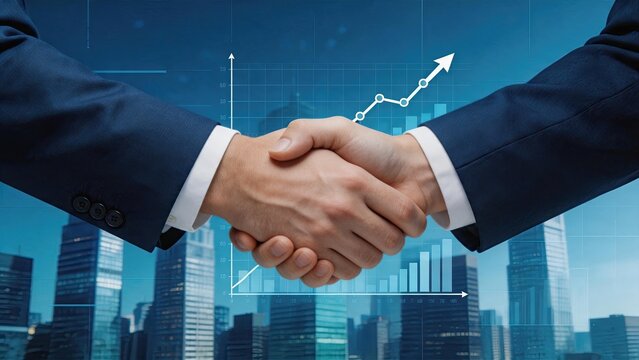 Business handshake partnership agreement deal closing with rising arrow graph overlay, corporate collaboration concept symbolizing trust, mutual benefit and successful negotiation