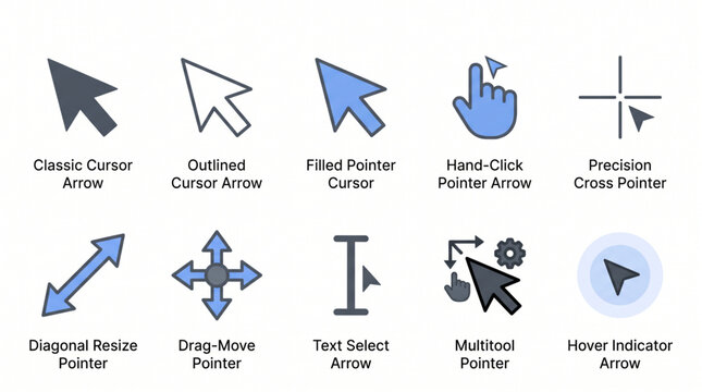 Comprehensive collection of computer mouse cursors and interactive pointer icons for modern digital navigation and user experience design elements