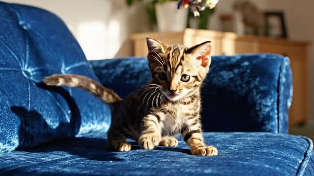 Playful kitten chasing a toy with its paws, sitting on a plush blue sofa in bright sunlight.