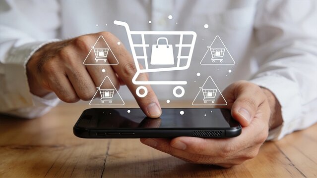 Online shopping concept with mobile phone displaying shopping cart icon, e-commerce purchase and retail consumer behavior illustration.