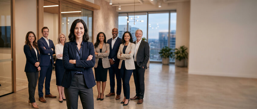 Diverse real estate team standing in modern luxury property office with confident female realtor, brokers, property consultants sales executives, professional business portrait, commercial property