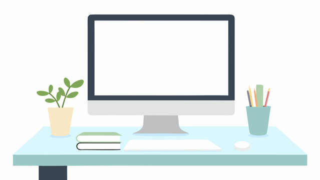 computer monitor with desk setup flat vector illustration