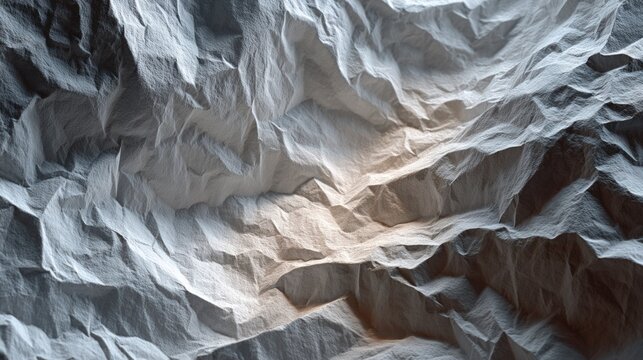 Close up view of crumpled white paper texture with dramatic side lighting creating mountain like ridges and deep shadows
