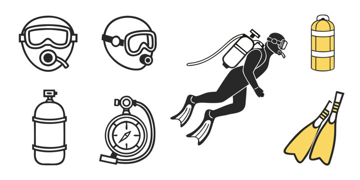 Set of scuba diving equipment icons and illustrations with underwater sports extreme sports diving gear snorkeling underwater equipment nautical activity recreation adventure navigation