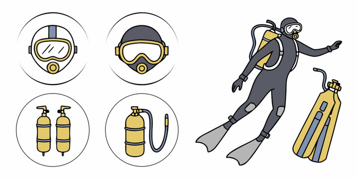 Scuba diver and diving gear icon collection with extreme sports underwater sports equipment snorkeling underwater nautical recreation adventure vacation exploration cylinder activity