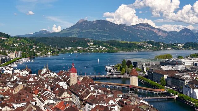 Lucerne cityscape with Chapel Bridge and Jesuit Church