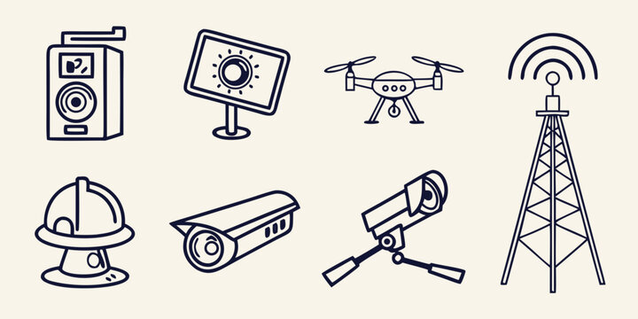 Modern communication and surveillance technology icon set with wireless signal drone icon security icon camera icon tower icon digital tech electronic device data transmission monitoring syste