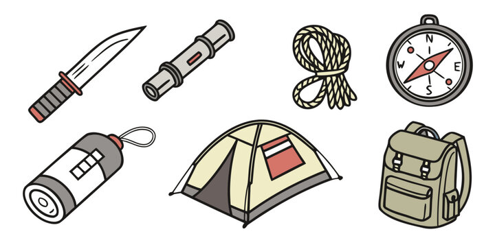 Hand drawn camping adventure icon collection with outdoors adventure equipment backpack survival exploration navigation expedition wilderness vacation lifestyle recreation climbing