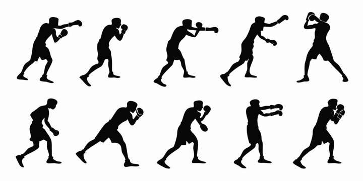 Set of boxing athlete silhouettes showing various offensive and defensive poses with silhouette fighting punching training movement sparring competition exercise strength physical ringsport