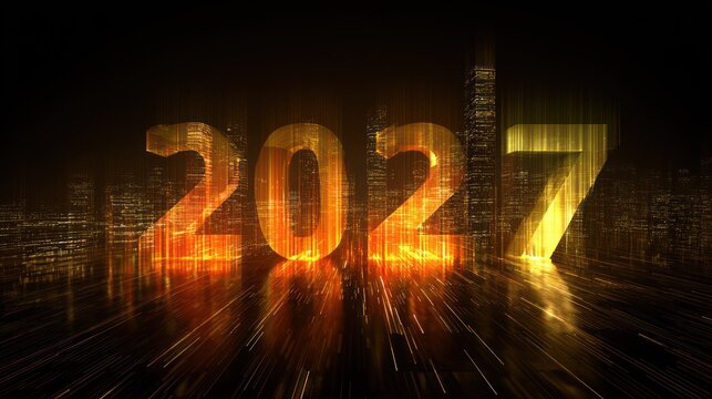 Brilliant golden numerical sequence illuminates a dark urban skyline at ground level