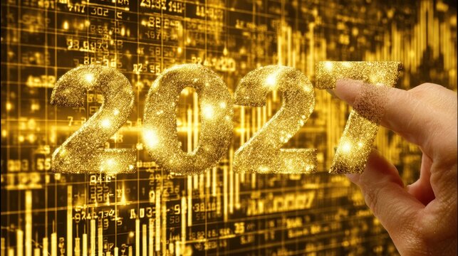 Glittering numerical date achievement appears against a backdrop of financial data displays