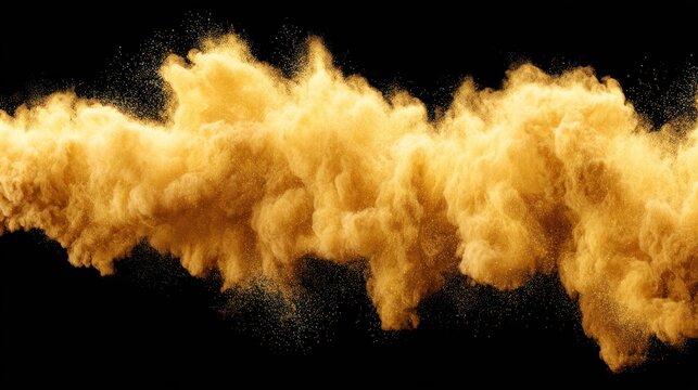 Expansive cloud of vibrant yellow-orange particulate matter streams across a solid black background.