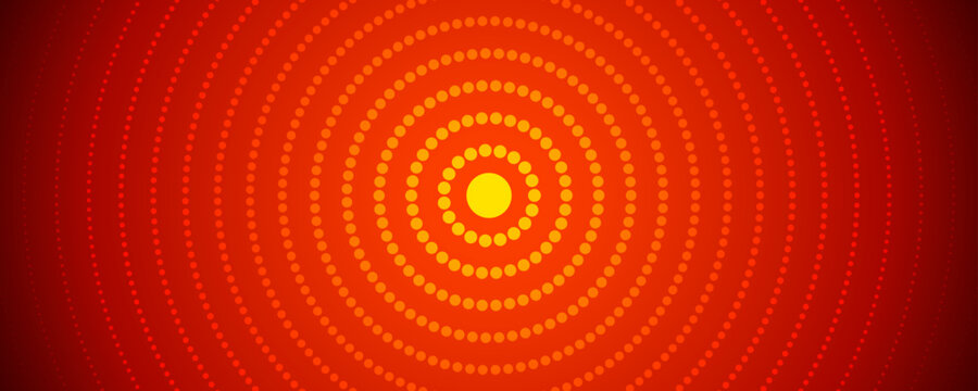 Red dot concentric circle background. Neon dash expanding epicenter waves. Radial sound signal or vibration backdrop. Dotted target, radar or sonar effect concept. Vector ripple hot gradient wallpaper