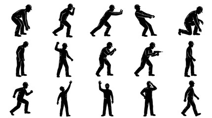 Fototapeta premium Black Silhouette Construction Worker Poses Vector Set - Industrial Laborer Actions
