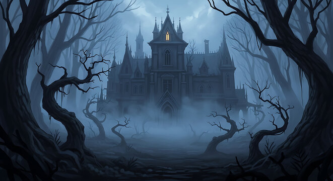 Spooky haunted manor in foggy forest