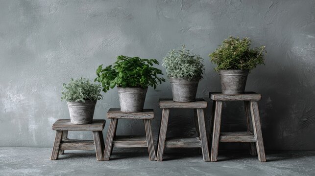 Four potted culinary herbs arranged on staggered wooden stools against a textured gray wall background