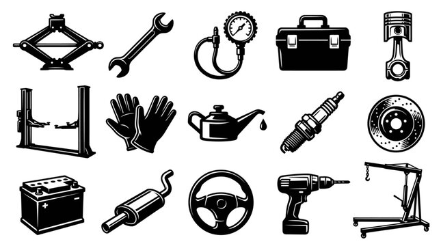 Automotive Car Repair Tools and Auto Parts Vector Glyph Icons Set for Mechanic Workshop Maintenance