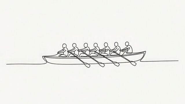 Rowing team in a boat on water crew members pulling oars in unison teamwork and sportsmanship concept