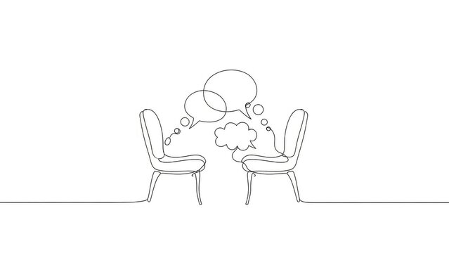 Two chairs facing each other with thought bubbles symbolizing conversation and communication in a minimalist line drawing style on a white background