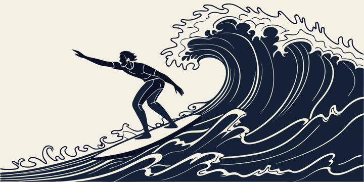 Detailed surfer catching a large breaking wave vector art with surfboard lifestyle recreation vacation tropical illustration adventure entertainment recreational exercise skillful movement