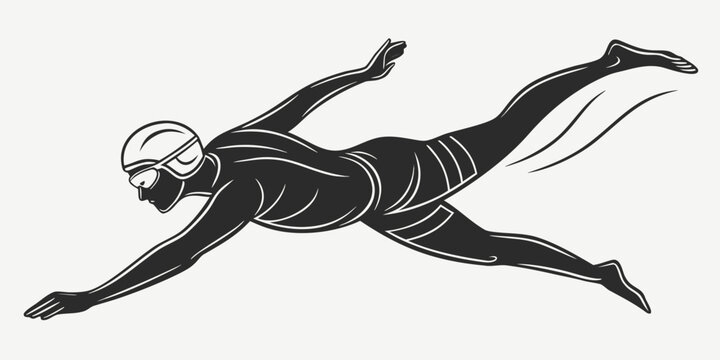 Swimmer in professional swimwear and goggles mid stroke graphic with swimming competition training exercise lifestyle illustration silhouette professional swimwear underwater movement
