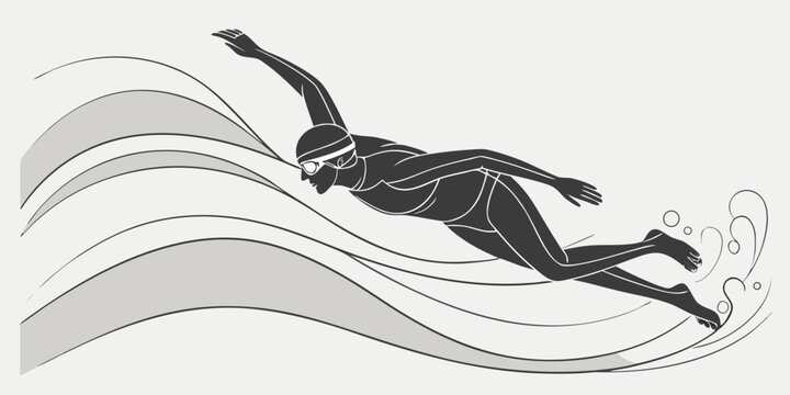 Black and white graphic design of a swimmer doing front crawl stroke with swimming cap swimming exercise activity movement training competitive monochrome illustration lifestyle professional