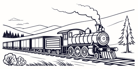 Old steam train locomotive with smoke emitting from chimney traveling through a forest landscape locomotive railroad transport landscape mountains transportation illustration monochrome © Maisa